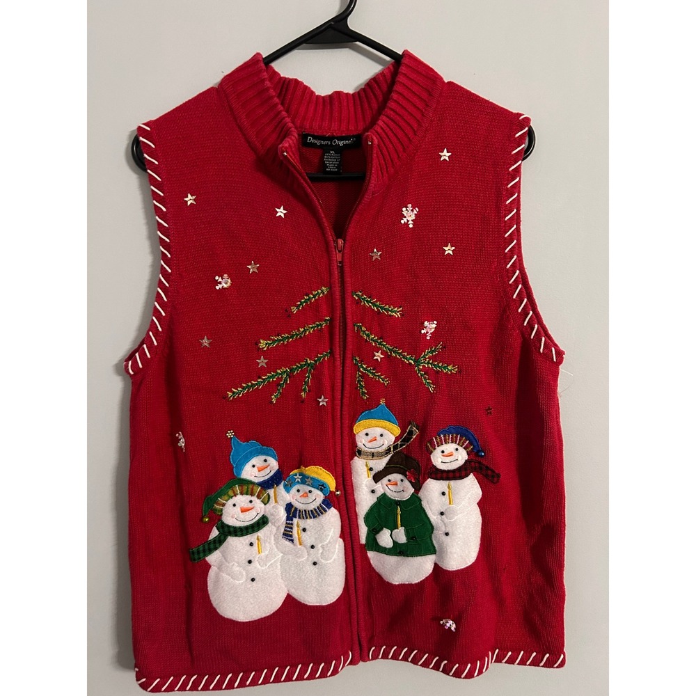 Designers Originals Red Snowman Christmas Sweater Vest Zip Up XL Holiday Sequin